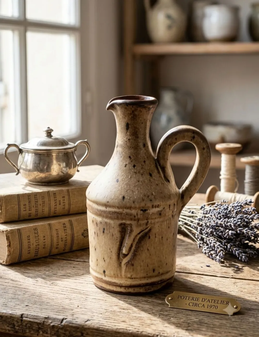 Petite carafe / pichet vintage en grès pyrité moucheté — Céramique d'a