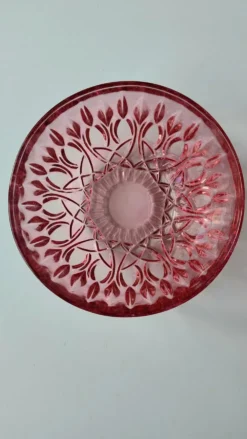 Petite coupelle vintage en verre rose à décor floral – Fr années 60/70