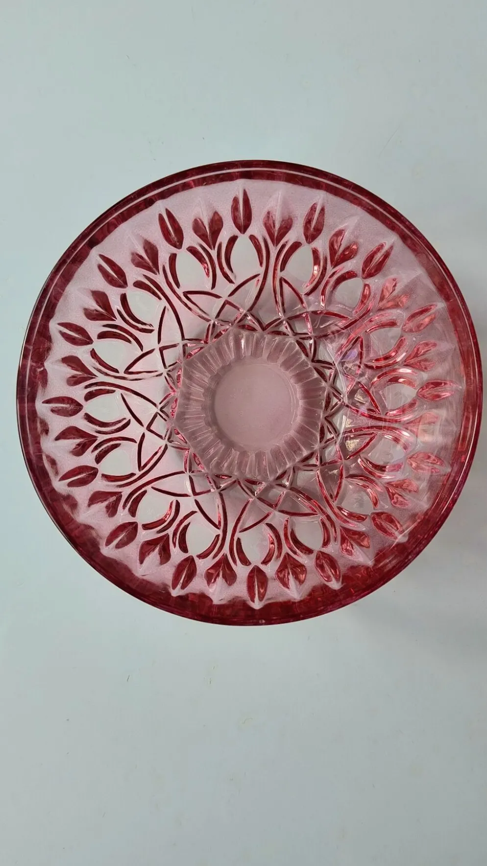 Petite coupelle vintage en verre rose à décor floral – Fr années 60/70