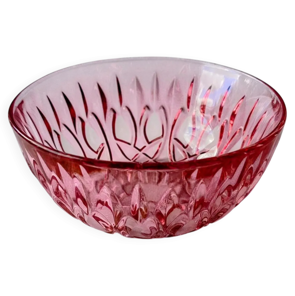 Petite coupelle vintage en verre rose à décor floral – Fr années 60/70