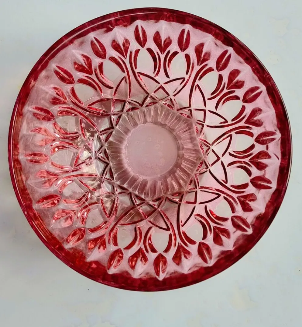Petite coupelle vintage en verre rose à décor floral – Fr années 60/70