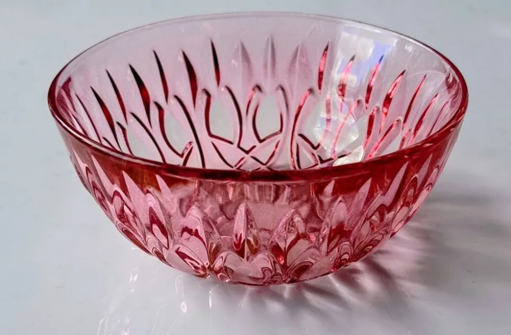 Petite coupelle vintage en verre rose à décor floral – Fr années 60/70