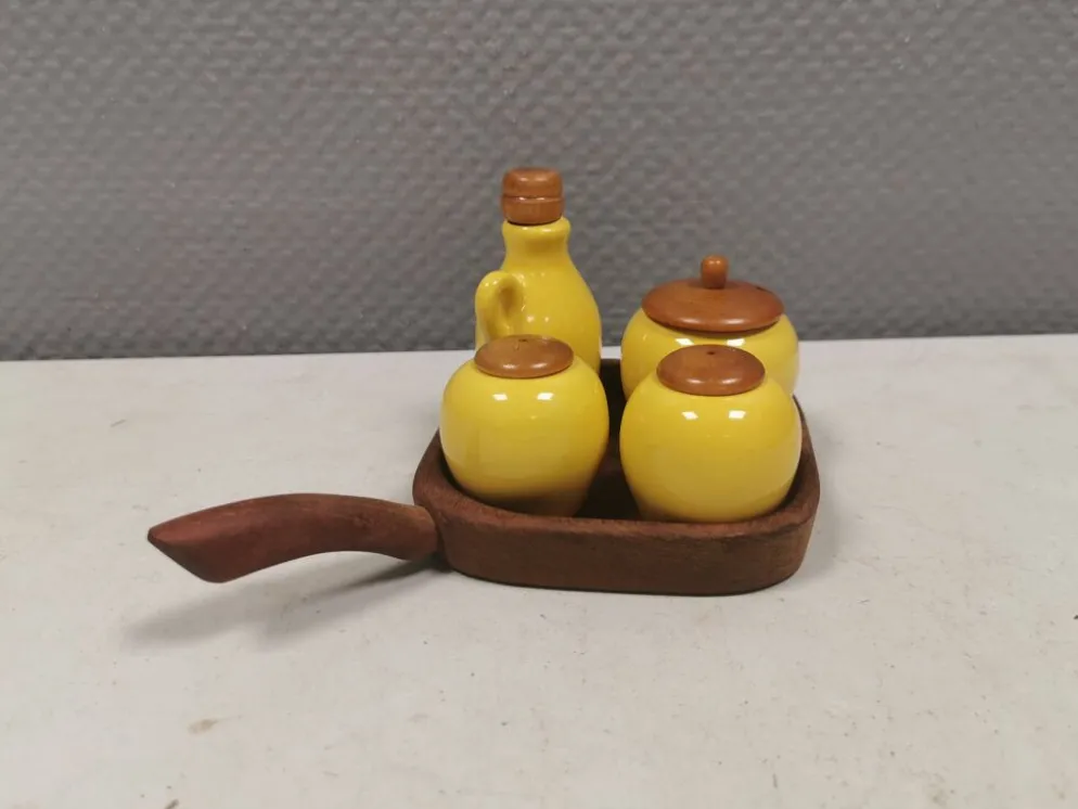 Petit ensemble de table suédois en céramique et bois, années 1980