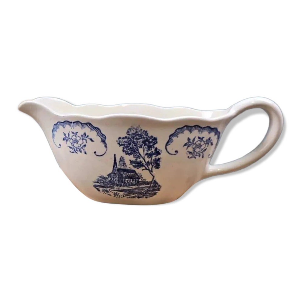 Petite saucière Digoin Bernadette – Faïence ancienne décor bleu campagne
