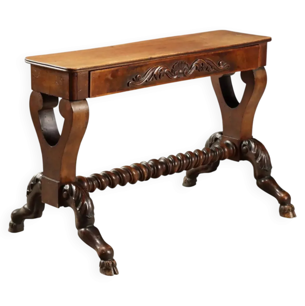 Petite table ancienne en noyer sculpté, Italie, milieu XIXe siècle
