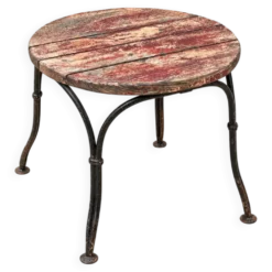 Petite table d’appoint ancienne en fer forgé et bois patiné – années 30/40