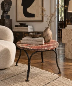 Petite table d’appoint ancienne en fer forgé et bois patiné – années 30/40