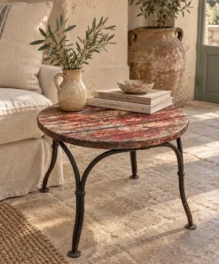 Petite table d’appoint ancienne en fer forgé et bois patiné – années 30/40