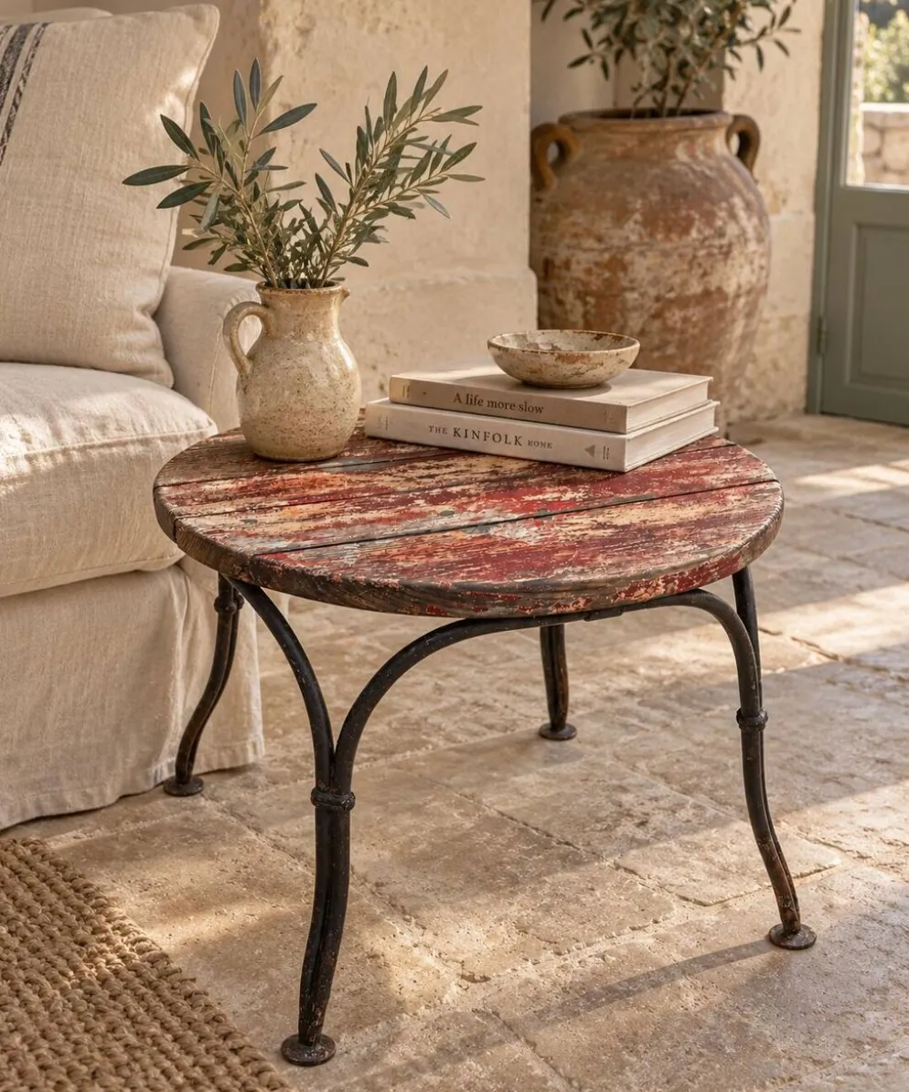 Petite table d’appoint ancienne en fer forgé et bois patiné – années 30/40