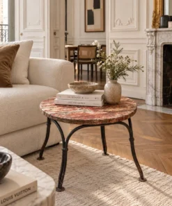 Petite table d’appoint ancienne en fer forgé et bois patiné – années 30/40