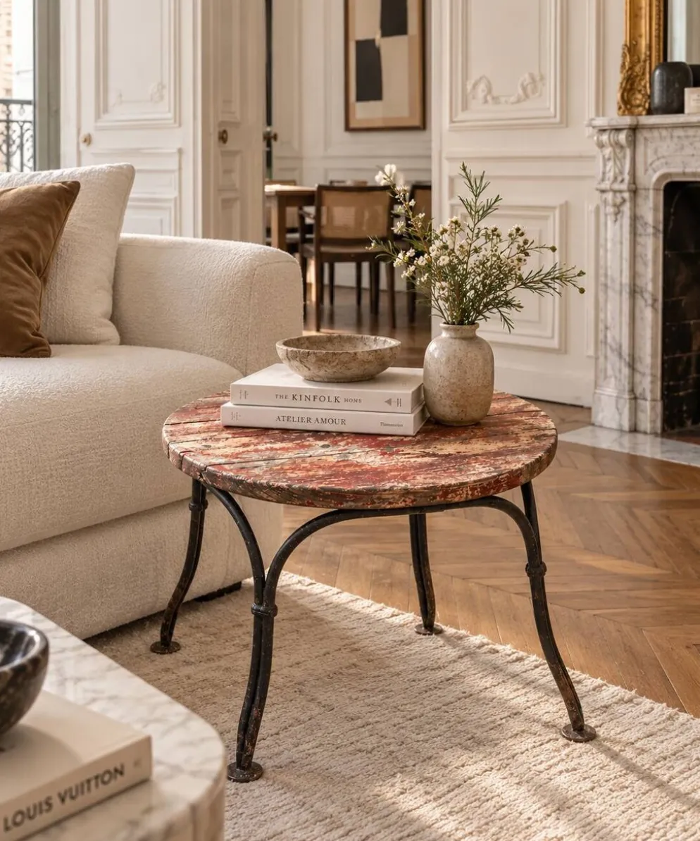 Petite table d’appoint ancienne en fer forgé et bois patiné – années 30/40
