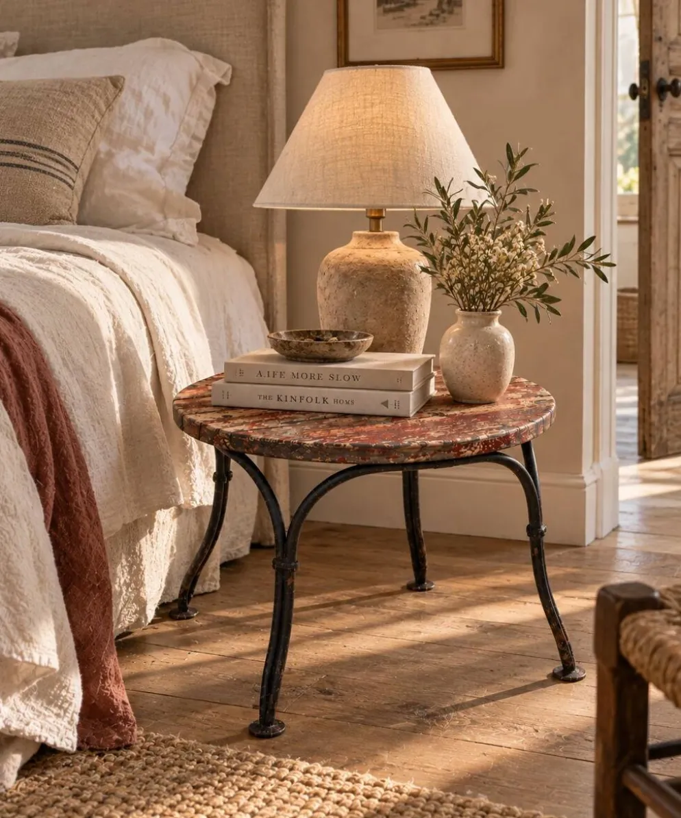 Petite table d’appoint ancienne en fer forgé et bois patiné – années 30/40