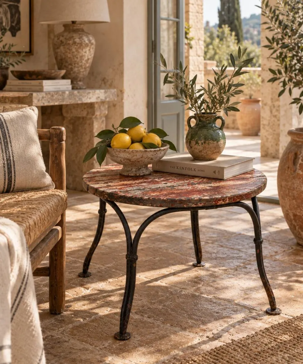 Petite table d’appoint ancienne en fer forgé et bois patiné – années 30/40