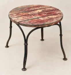 Petite table d’appoint ancienne en fer forgé et bois patiné – années 30/40