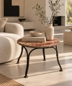 Petite table d’appoint ancienne en fer forgé et bois patiné – années 30/40