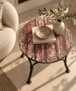 Petite table d’appoint ancienne en fer forgé et bois patiné – années 30/40
