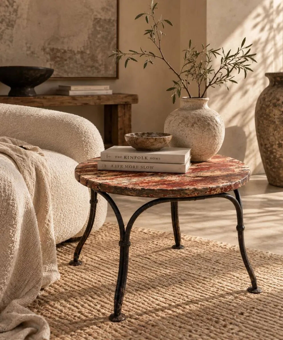 Petite table d’appoint ancienne en fer forgé et bois patiné – années 30/40