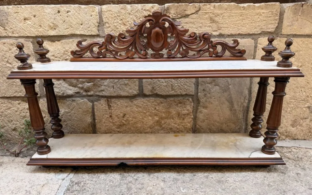Petite étagère murale/console d’appoint Napoléon III — noyer sculpté e