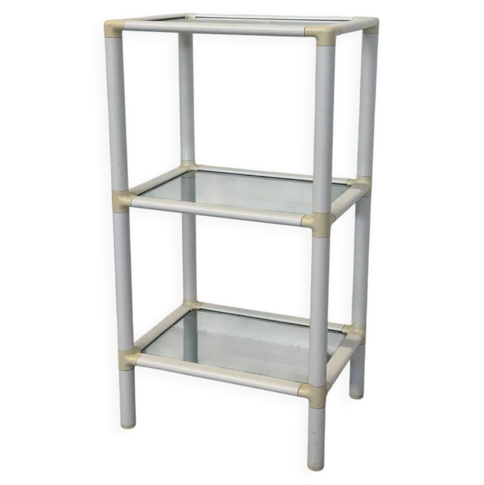 Petite étagère à 3 niveaux – Blanc et verre, style espace âge