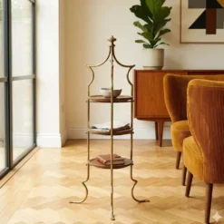 Petite étagère vintage en laiton et bois, design, Italie, années 1950