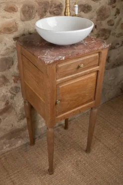 Petit lave-mains ancien en bois et marbre rouge