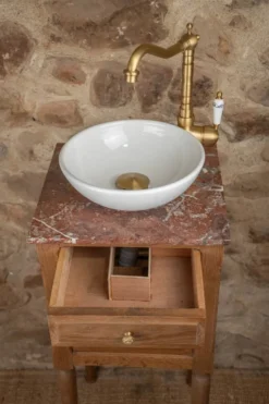Petit lave-mains ancien en bois et marbre rouge