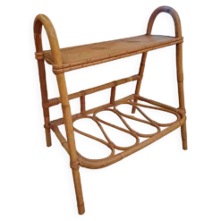 Petit meuble d'appoint porte revue en bambou plateau bois 1960
