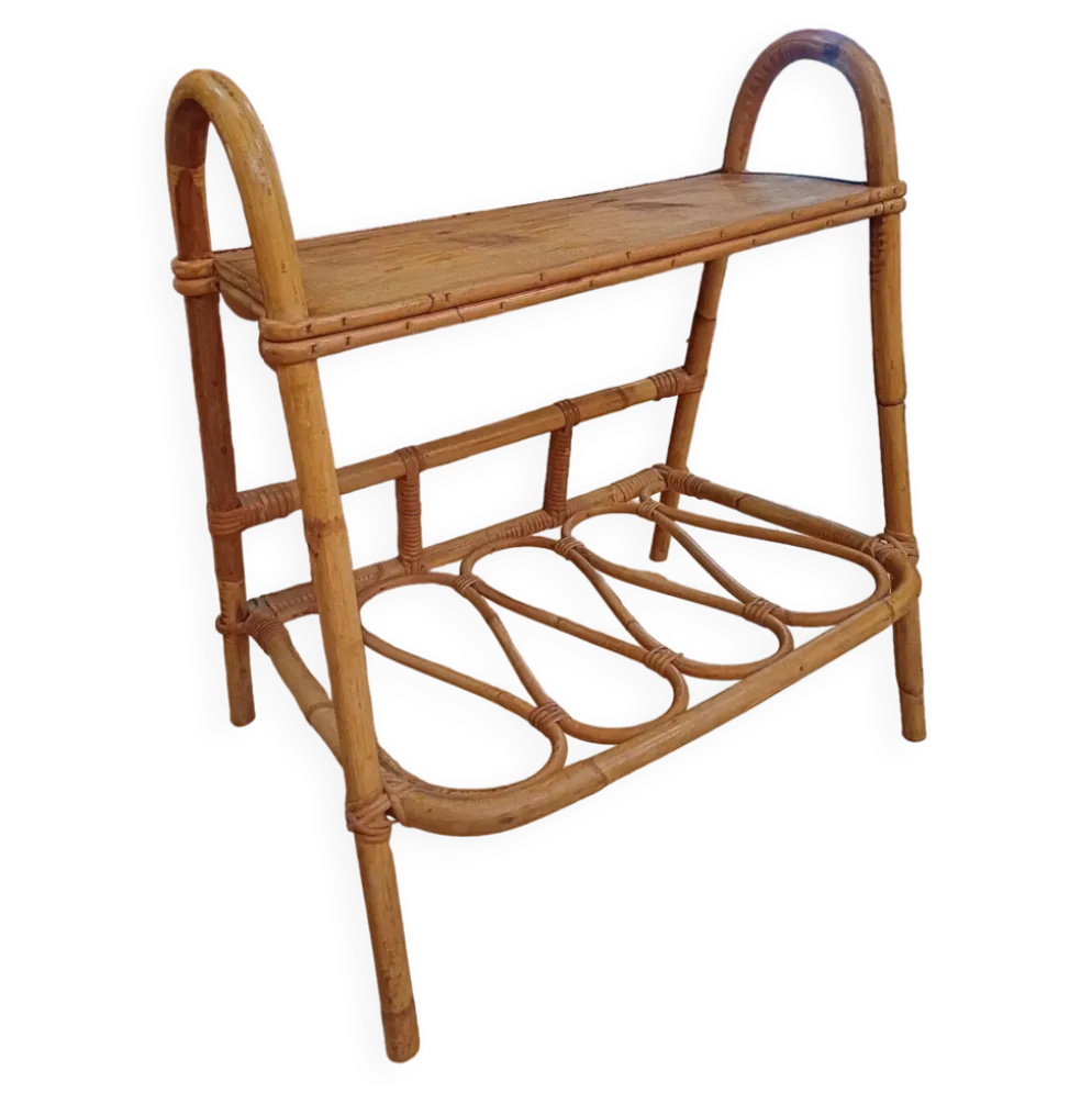 Petit meuble d'appoint porte revue en bambou plateau bois 1960