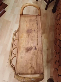Petit meuble d'appoint porte revue en bambou plateau bois 1960