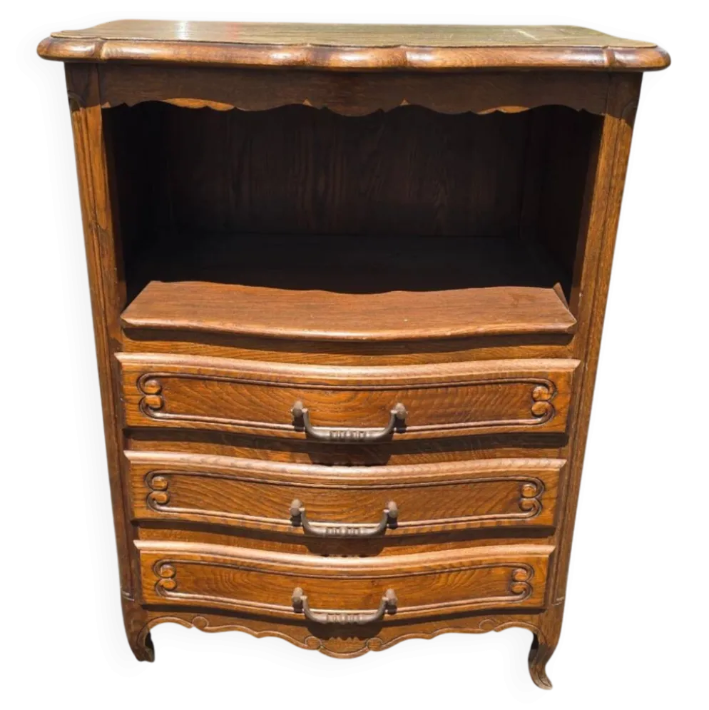 Petit meuble de chevet Louis XV en chêne – niche et 3 tiroirs