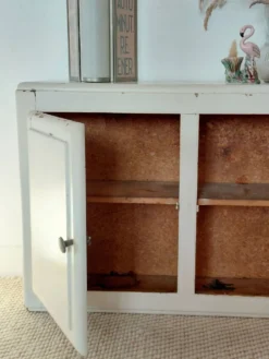 Petit meuble mural de métier vintage en bois peint crème- Années 50