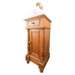 Petit meuble vasque ancien en chêne à colonnes tournées et marbre blanc – style Henri II / fin XIXe siècle
