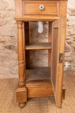 Petit meuble vasque ancien en chêne à colonnes tournées et marbre blanc – style Henri II / fin XIXe siècle