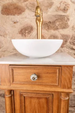 Petit meuble vasque ancien en chêne à colonnes tournées et marbre blanc – style Henri II / fin XIXe siècle