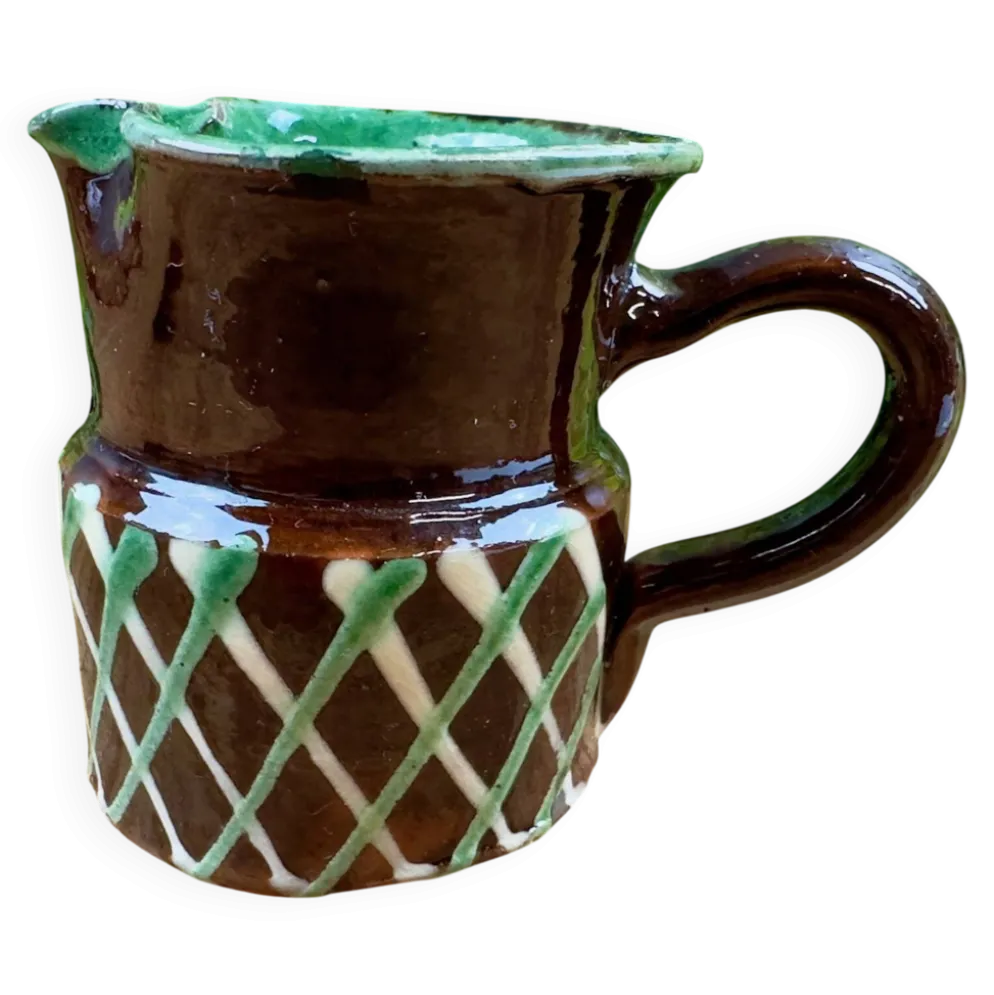 Petit pichet vintage en céramique émaillée brune décor géométrique