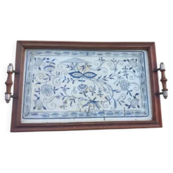 Petit plateau ancien bois, laiton et tôle lithographiee