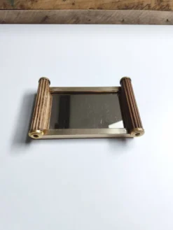 Petit plateau miroir vintage de style Art Déco en bois et métal