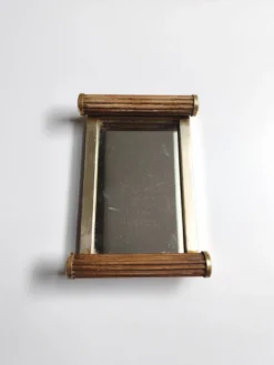 Petit plateau miroir vintage de style Art Déco en bois et métal