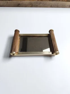 Petit plateau miroir vintage de style Art Déco en bois et métal