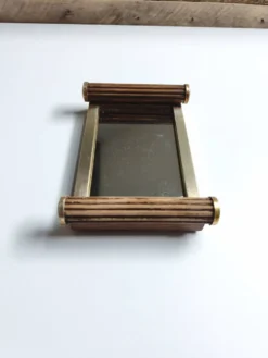 Petit plateau miroir vintage de style Art Déco en bois et métal