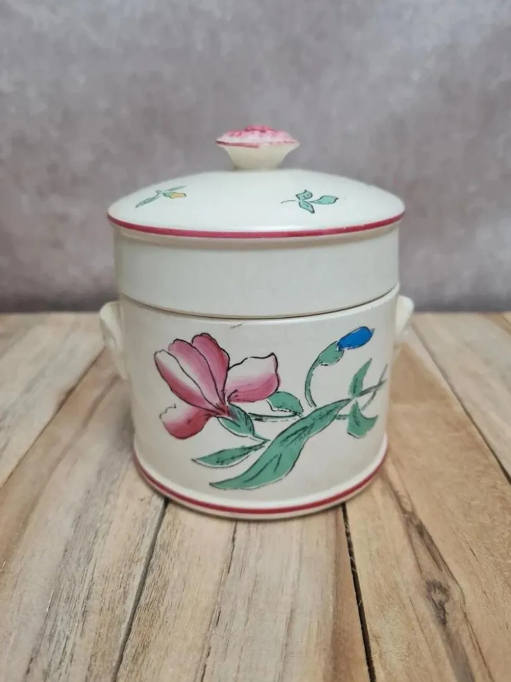 Petit pot couvert Sarreguemines ancien décor floral – charme vintage