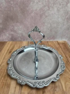 Petit présentoir rond vintage en métal chromé – style rocaille