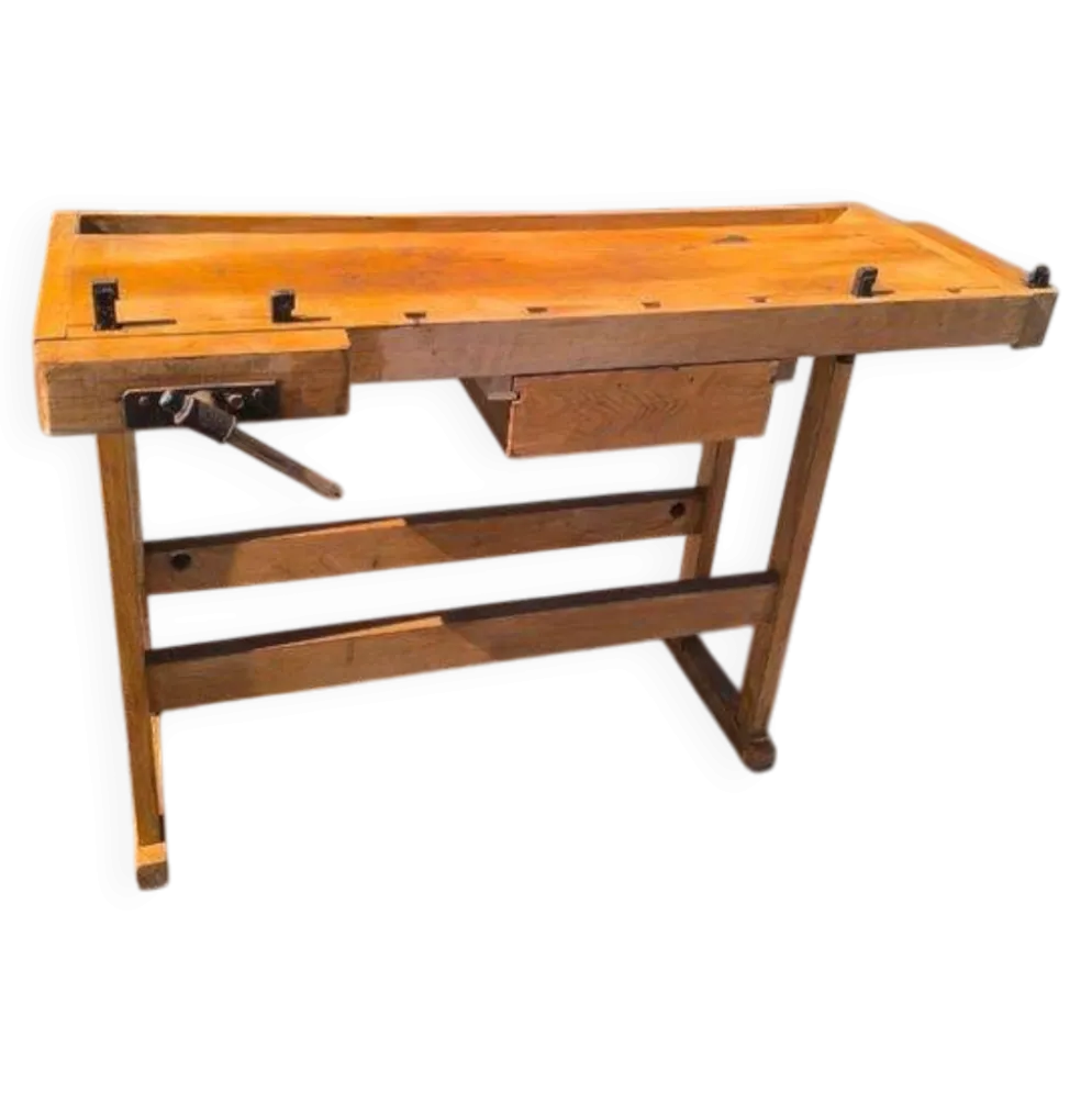 Petit établi de menuisier vintage en bois massif – Console de charme
