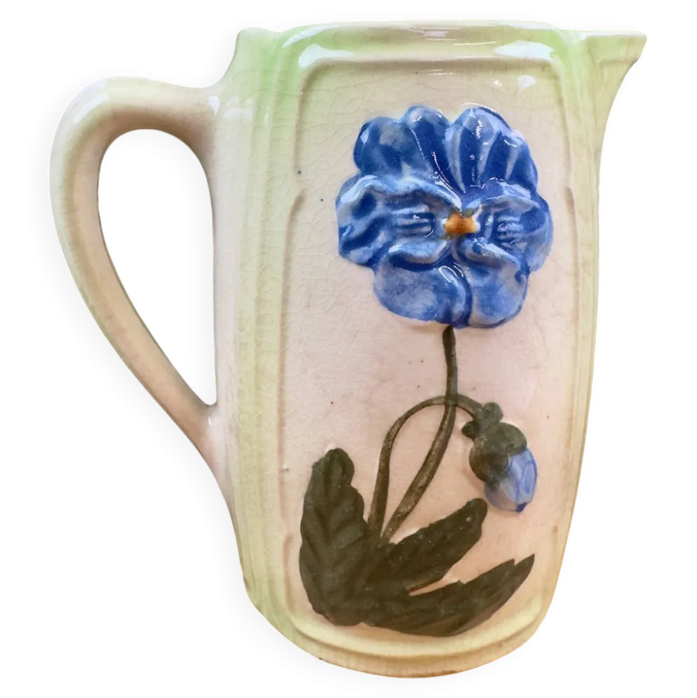 Pichet ancien en céramique décor floral bleu vintage