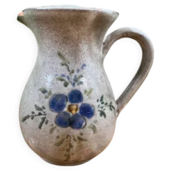 Pichet ancien en céramique grise décor fleur bleue peint main vintage