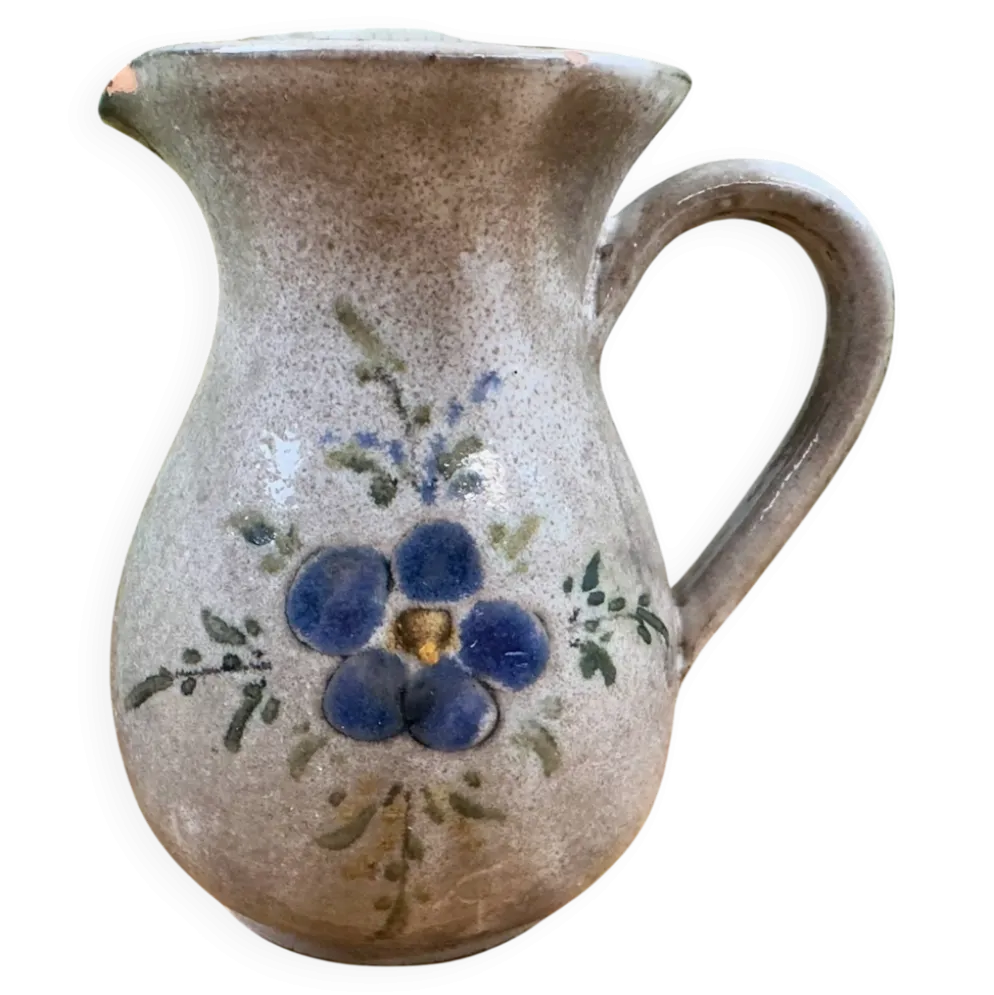 Pichet ancien en céramique grise décor fleur bleue peint main vintage