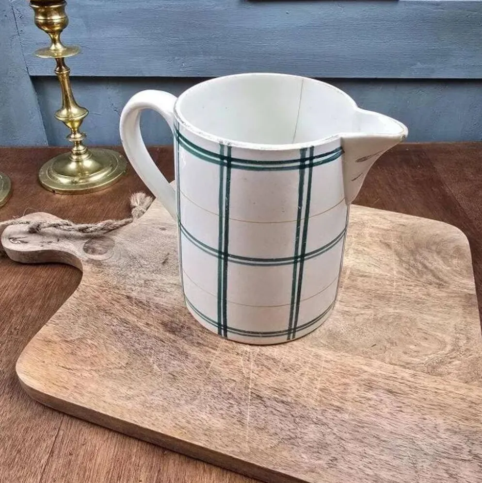 Pichet ancien Moulin des Loups à carreaux verts – Broc vase déco campagne
