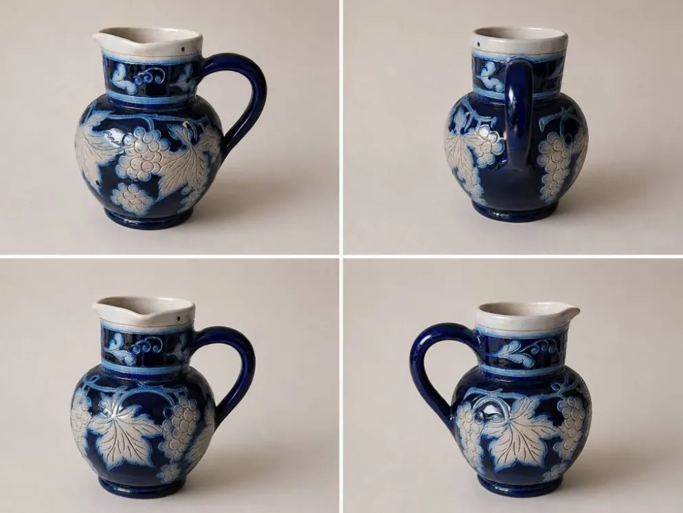 Pichet ancien Reinhold Merkelbach Grenzhausen – Grès bleu cobalt – Décor ra