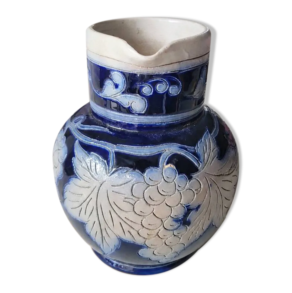 Pichet ancien Reinhold Merkelbach Grenzhausen – Grès bleu cobalt – Décor ra