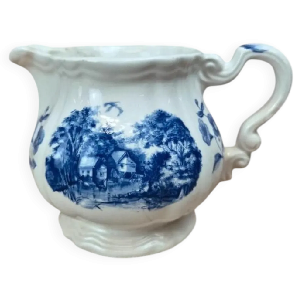 Pichet / pot à lait Sarreguemines Romantique bleu – décor champêtre – faïence vintage